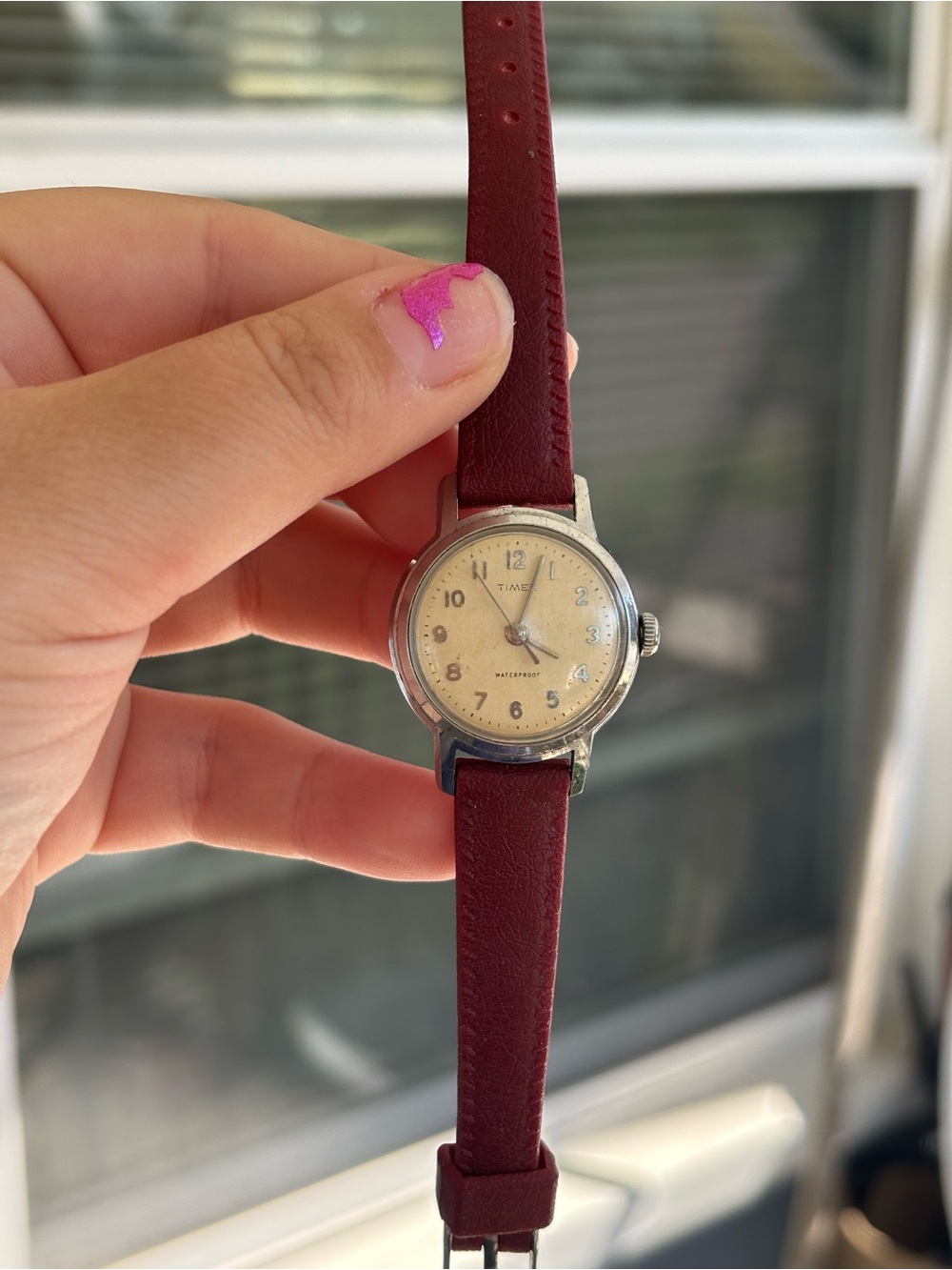 Timex Ladies Watch with Burgundy Leather Strap and Cream Dial